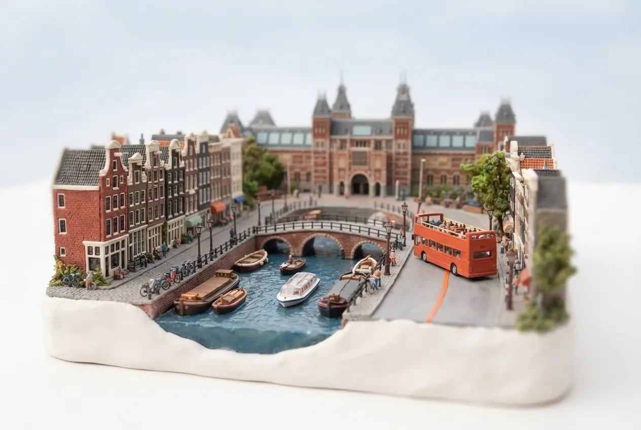Miniature model of Amsterdam with an orange sightseeing bus
