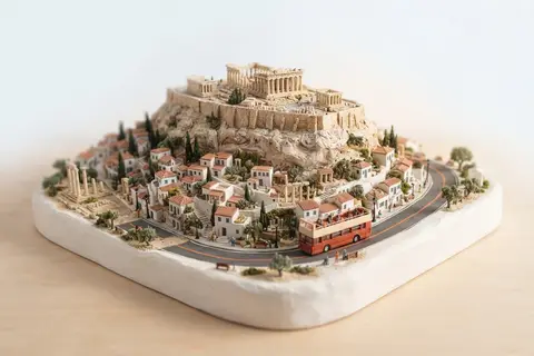 Miniature model of Athens with an orange sightseeing bus