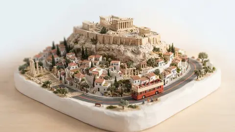 Miniature model of Athens with an orange sightseeing bus
