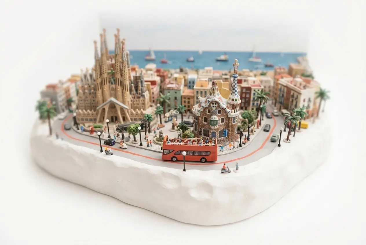 Miniature model of Barcelona with an orange sightseeing bus