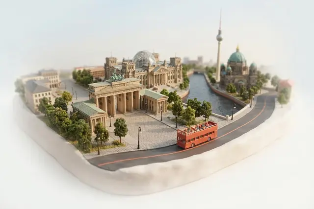 Miniature model of Berlin with an orange sightseeing bus