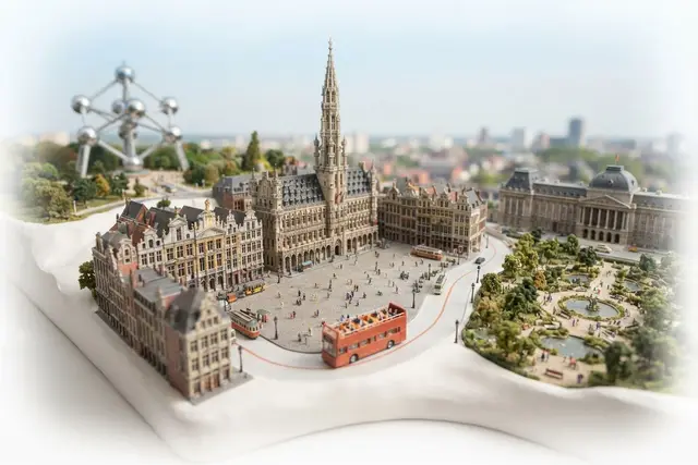Miniature model of Brussels with an orange sightseeing bus