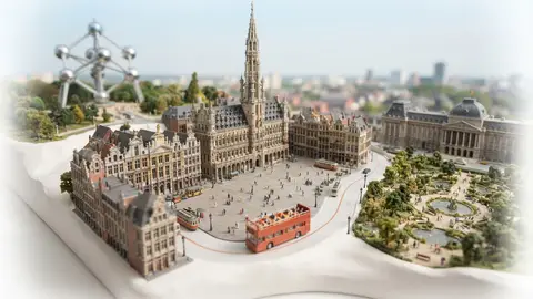 Miniature model of Brussels with an orange sightseeing bus