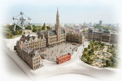 Miniature model of Brussels with an orange sightseeing bus