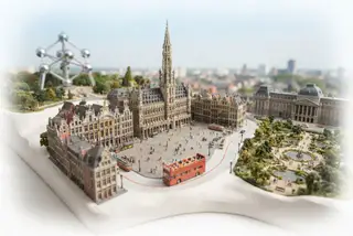 Miniature model of Brussels with an orange sightseeing bus