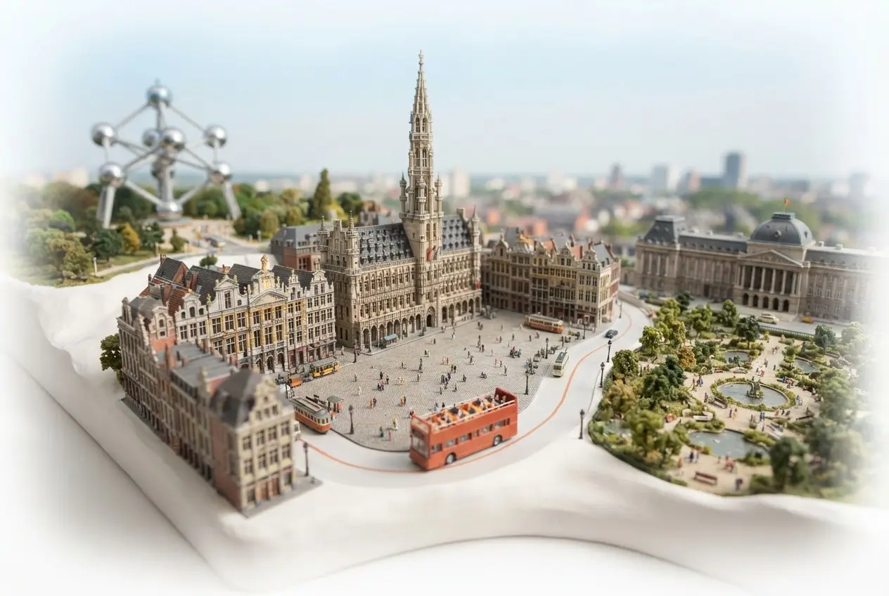 Miniature model of Brussels with an orange sightseeing bus