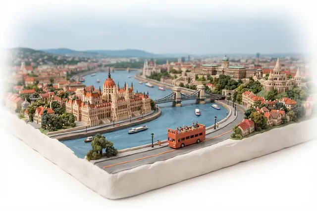 Miniature model of Budapest with an orange sightseeing bus