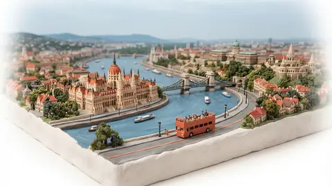 Miniature model of Budapest with an orange sightseeing bus