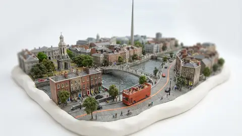 Miniature model of Dublin with an orange sightseeing bus