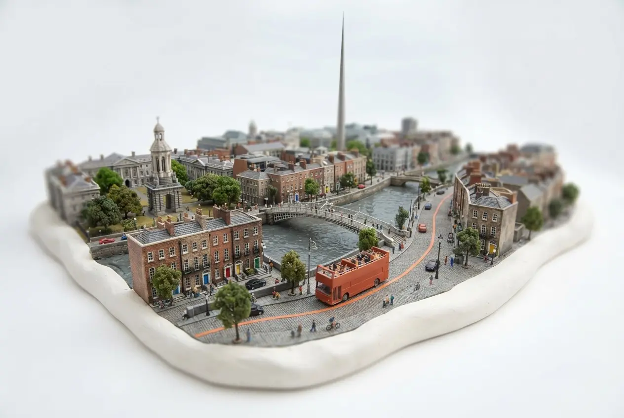 Miniature model of Dublin with an orange sightseeing bus