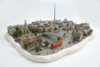Miniature model of Dublin with an orange sightseeing bus