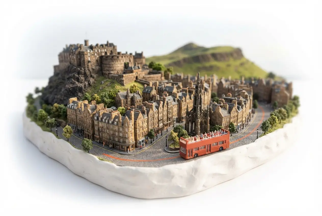 Miniature model of Edinburgh with an orange sightseeing bus