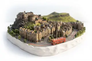 Miniature model of Edinburgh with an orange sightseeing bus