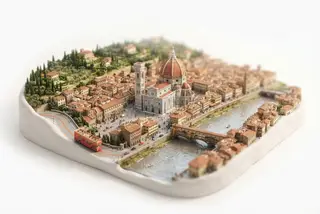 Miniature model of Florence with an orange sightseeing bus