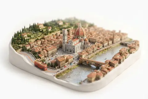 Miniature model of Florence with an orange sightseeing bus