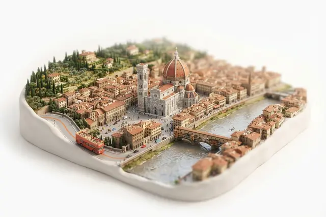 Miniature model of Florence with an orange sightseeing bus