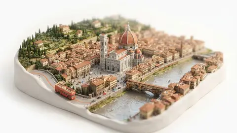 Miniature model of Florence with an orange sightseeing bus