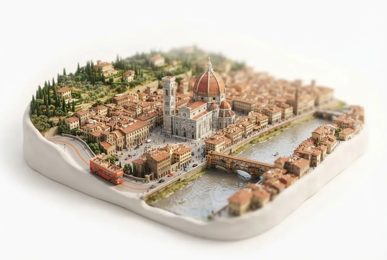 Florence en maquette miniature, avec un bus touristique orange