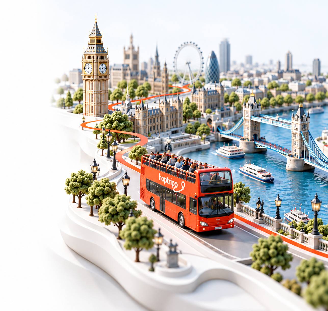 Miniature model of London with an orange open-top sightseeing bus, Big Ben and Tower Bridge