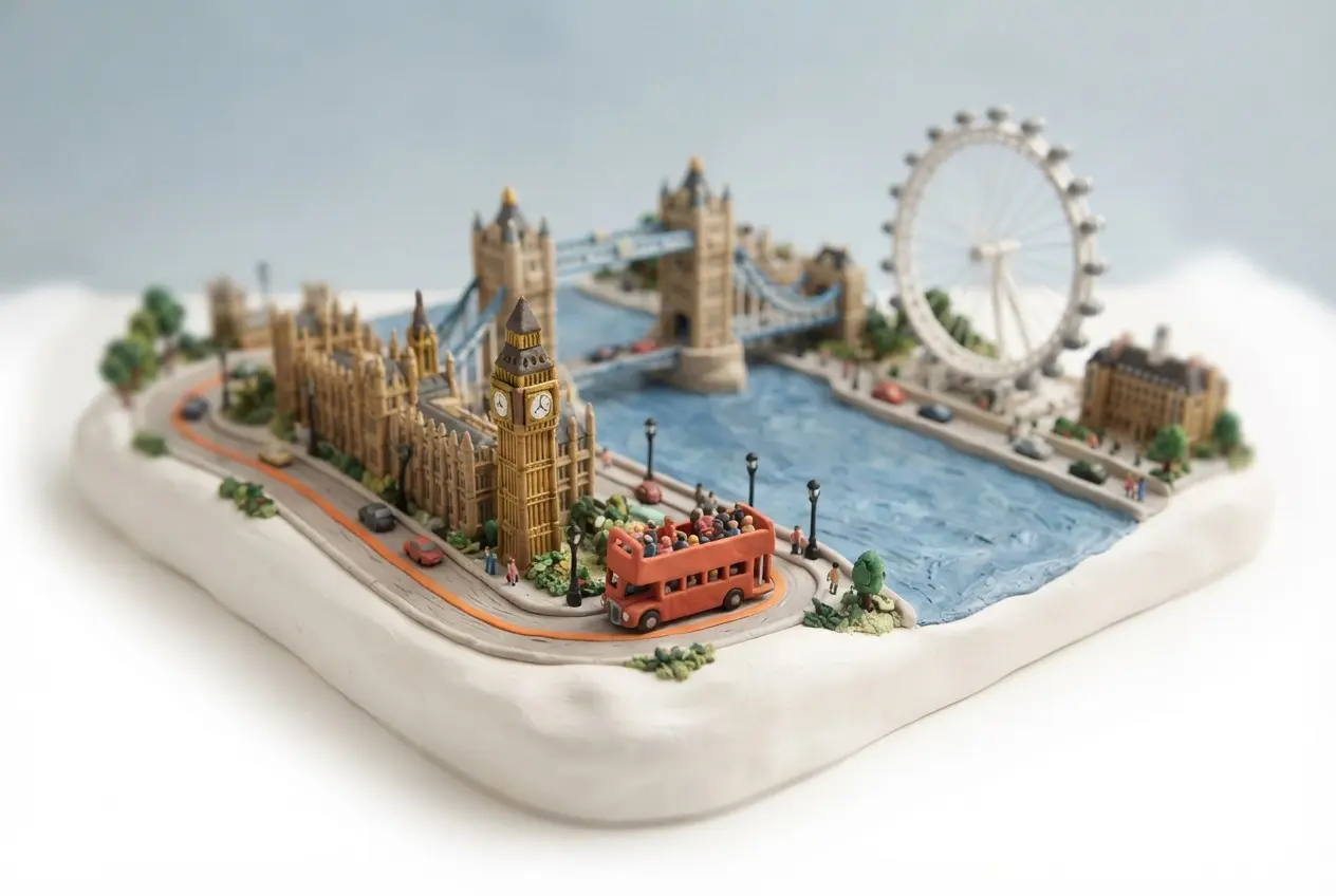 Miniature model of London with an orange sightseeing bus