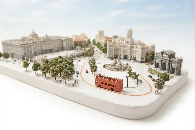 Miniature model of Madrid with an orange sightseeing bus