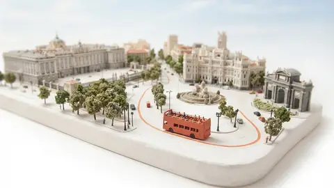 Miniature model of Madrid with an orange sightseeing bus