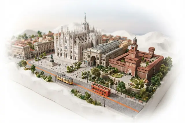 Miniature model of Milan with an orange sightseeing bus
