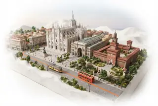 Miniature model of Milan with an orange sightseeing bus