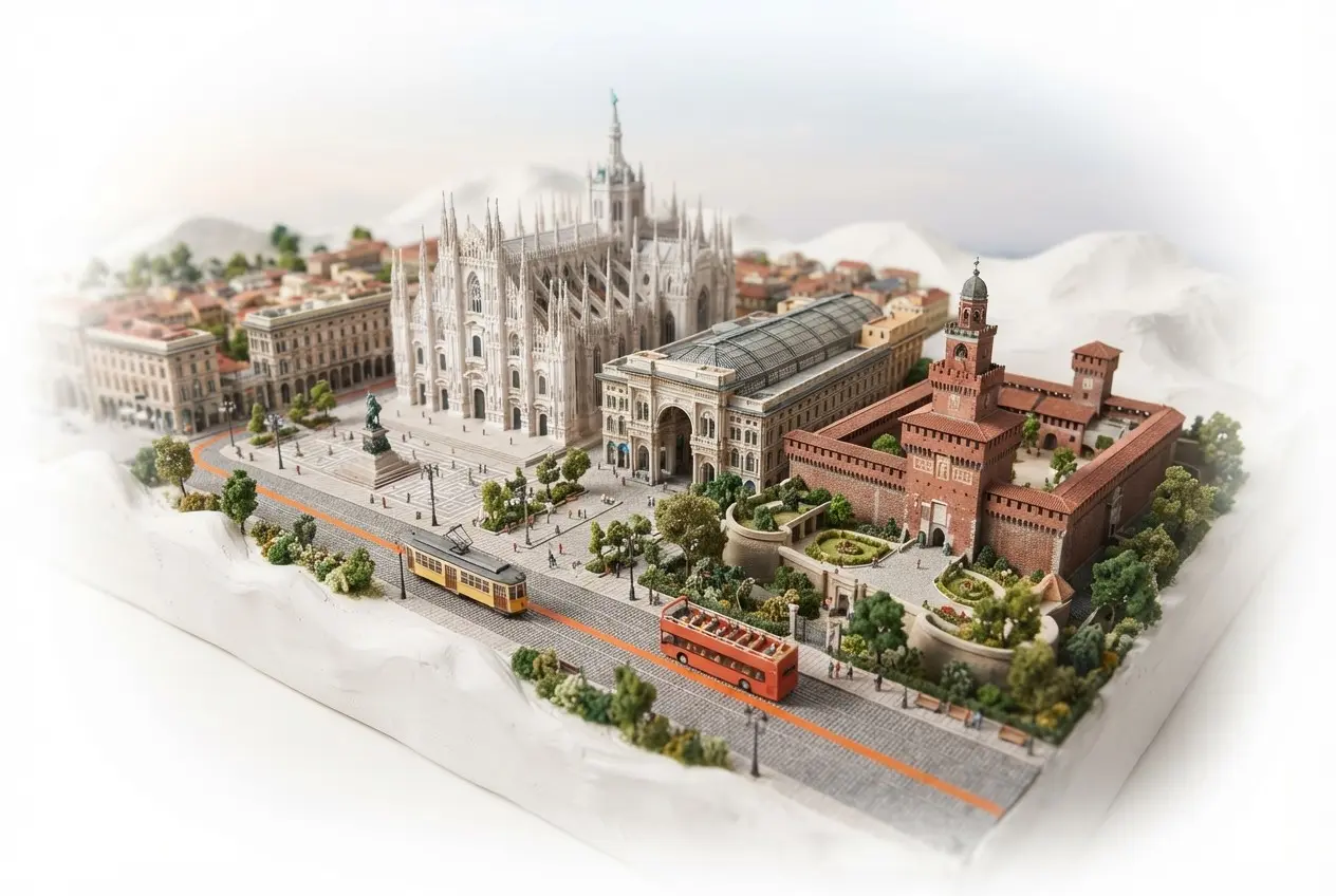 Miniature model of Milan with an orange sightseeing bus
