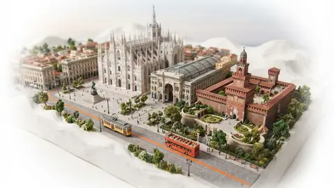 Miniature model of Milan with an orange sightseeing bus