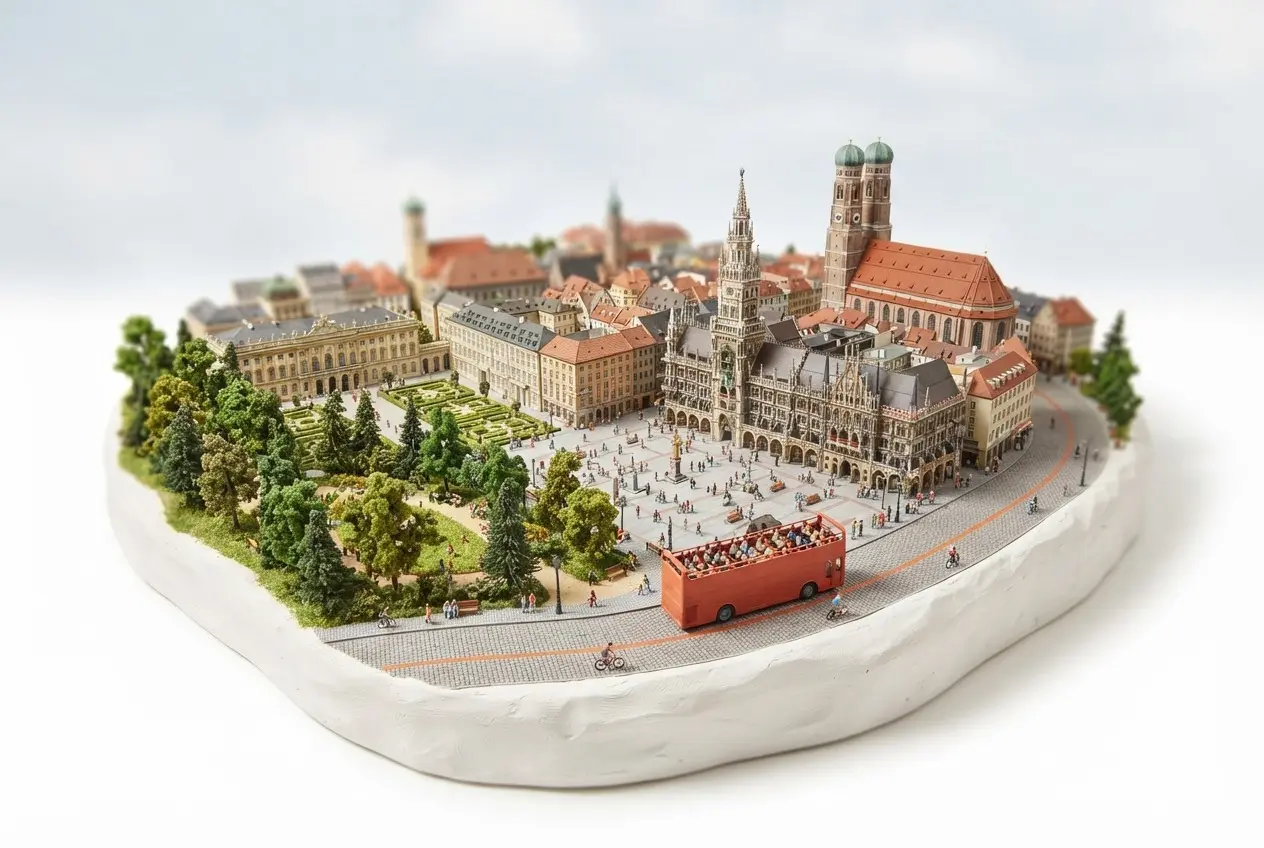 Miniature model of Munich with an orange sightseeing bus