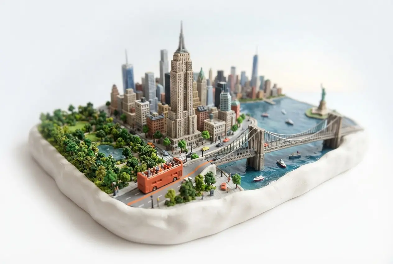 Miniature model of New York with an orange sightseeing bus