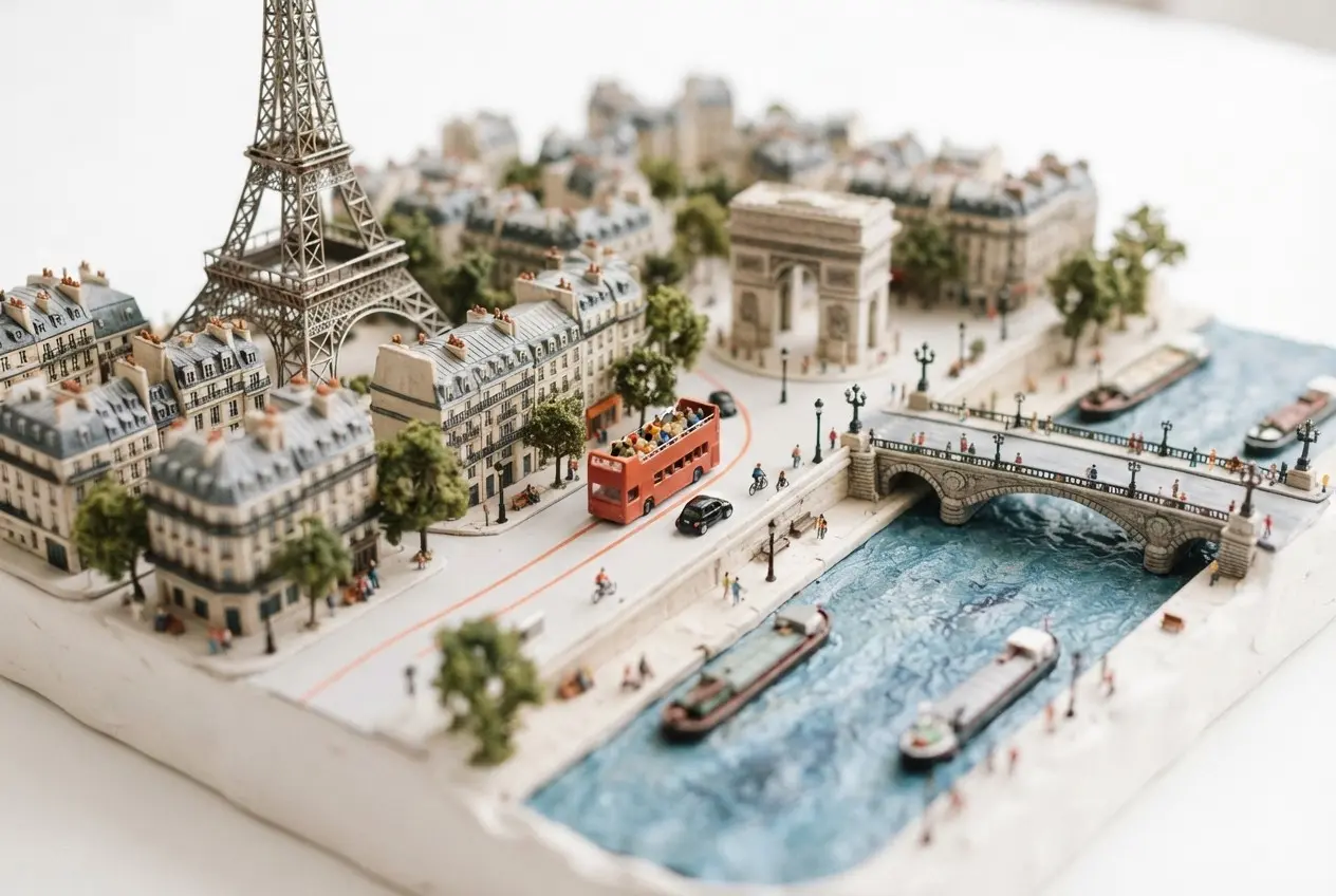 Miniature model of Paris with an orange sightseeing bus