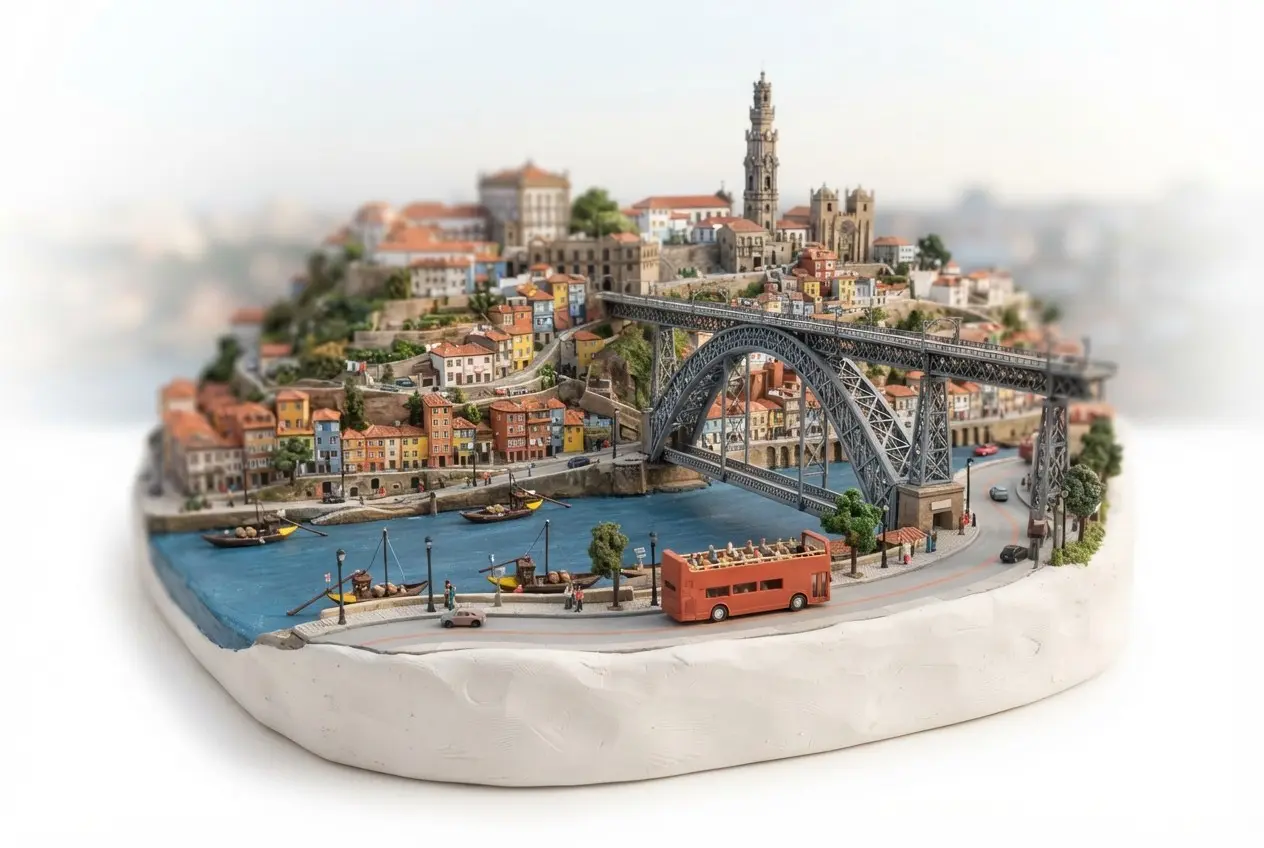 Miniature model of Porto with an orange sightseeing bus