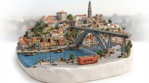 Miniature model of Porto with an orange sightseeing bus