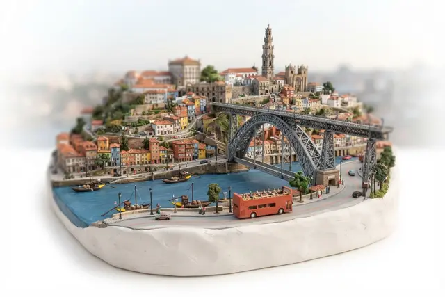 Miniature model of Porto with an orange sightseeing bus