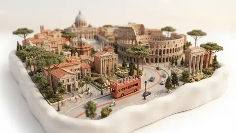 Miniature model of Rome with an orange sightseeing bus
