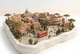 Miniature model of Rome with an orange sightseeing bus