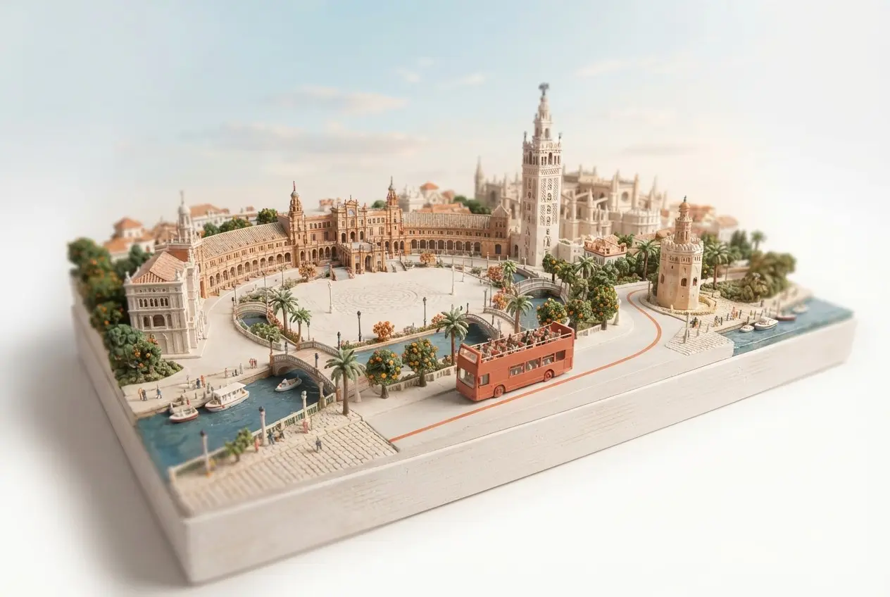 Miniature model of Seville with an orange sightseeing bus