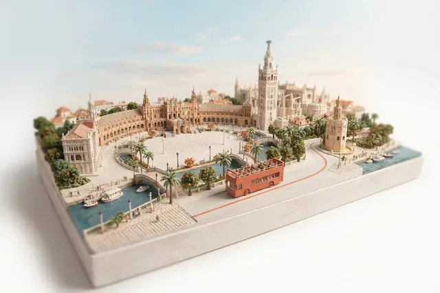 Miniature model of Seville with an orange sightseeing bus