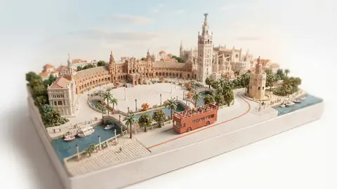 Miniature model of Seville with an orange sightseeing bus